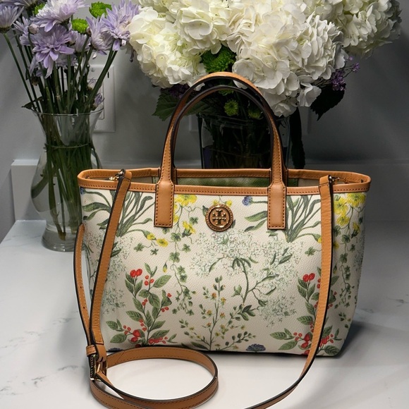 Tory Burch Watercolor Botanical Kerrington Tote Crossbody + Shopping Bag + Dusty - Picture 2 of 16